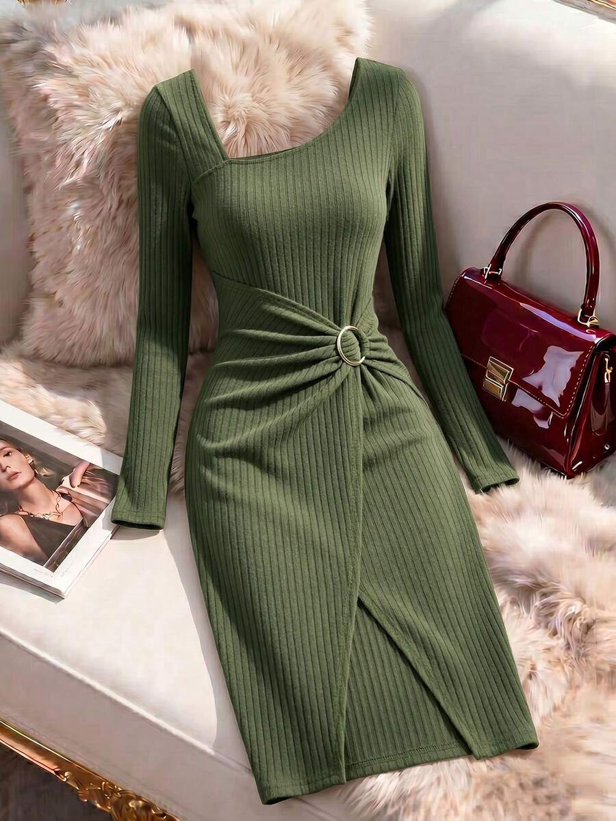 EMERY ROSE Gaun Rajut Bergaris Hijau Army Lengan Panjang Wanita, Desain Kerah Asimetris Leher Persegi, Pinggang Diikat dengan Cincin Logam, Gaun Midi Bodycon dengan Belahan, Gaya Elegan untuk Perjalanan Sehari-hari dan Pesta - Hijau Tentara - View 1