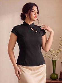 EastFlair Plus Size Women's Solid Color Frog Button Design Short Sleeve Chinese Style Shirt - Black - View 1