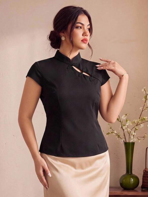 EastFlair Plus Size Women's Solid Color Frog Button Design Short Sleeve Chinese Style Shirt