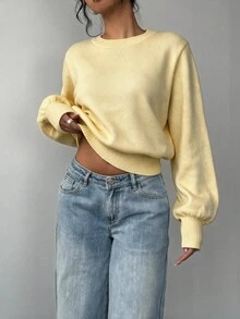 SHEIN BASICS 女款素色圓領長袖休閒寬鬆毛衣 - 黃色 - 查看 3