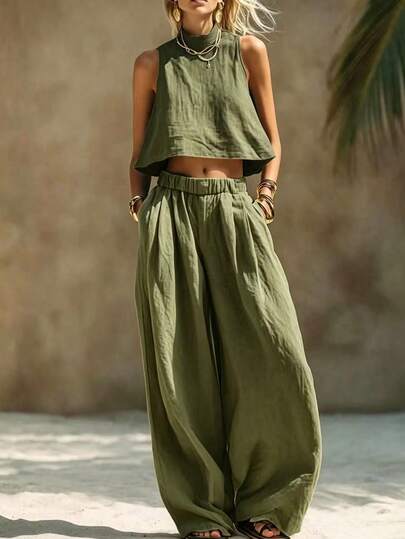 SHEIN Holidaya Quần dài nữ ống rộng cạp chun rủ dáng casual, vải vân màu trơn, phong cách thanh lịch, phù hợp mùa xuân/hè, đi mua sắm hàng ngày, hẹn hò, đi làm, dự tiệc, tụ tập, mặc ở nhà, văn phòng, đa năng, đi biển, cát, du lịch vùng biển
