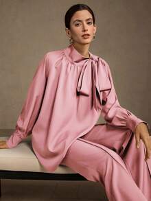 MOTF WOMEN'S PREMIUM OVERSIZED BOW TIE RUCHED LANTERN SLEEVE BLOUSE - Pink - View 6
