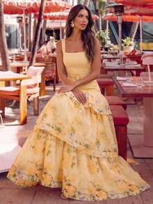 Anewsta Summer Romantic Floral Print Dress, Square Neck Waist Belt Design, Elegant Ruffle Hem, Suitable For Vacation, Party, And Formal Occasions - Light Yellow - View 4