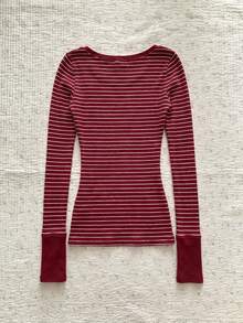 IslaSuriya Women's Striped V-Neck Long Sleeve T-Shirt - Burgundy - View 2
