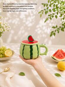 Creative Watermelon Ceramic Mug Gift Box With Lid & Straw, Cute Summer Couple Water Cup, Birthday Gift For Girls - Multicolor - View 2