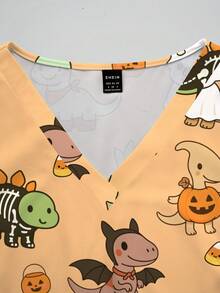 PopScrub Halloween Theme Warm Orange Cartoon Dinosaur & Pumpkin Print Women's Nurse Scrub Top, Spring/Summer Fashion V-Neck Short Sleeve Double Pocket Side Slit Workwear, Cute Surgical Scrub Top For Women, Scrub Top - Multicolor - View 4