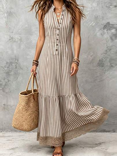 Hotletica Vestido casual de mujer a rayas sin mangas para vacaciones