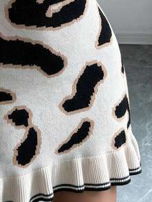 Elenzga Elegant Off-Shoulder Leopard Print Long Sleeve Ruffle Hem Sweater Dress For Women - Multicolor - View 7