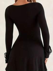 INAWLY Solva Solid Color Long-Sleeved Bodycon Slit Hem Bodycon Dress Fall Cloth For Women - Black - View 3