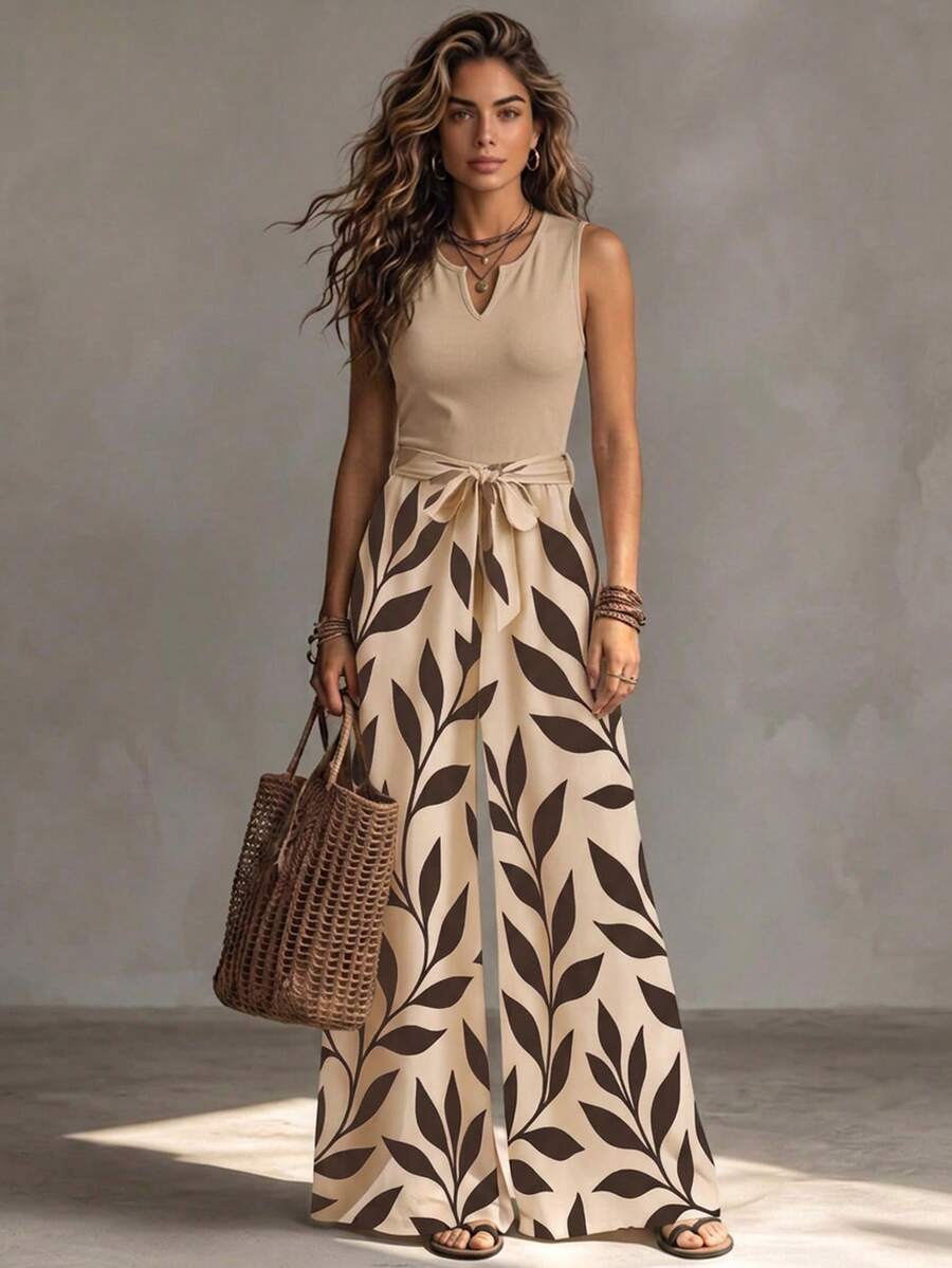 Franclia Women's Summer Casual Leaf Print Sleeveless Jumpsuit - Khaki - View 1