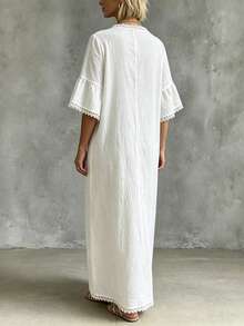 Linhara CURVE Plus Size White Long Robe Dress, Comfortable Loose Fit With Lace Trim, 5-Point Sleeve Straight Cut Dress For Summer/ Daily Wear Vacation Beach Safari - White - View 2