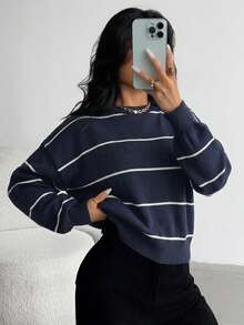 SHEIN 青少年女孩寬鬆休閒極簡舒適條紋套頭毛衣，百搭厚實保暖針織衫，適合秋冬 - 藏蓝色 - 查看 1