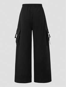 SHEIN 青少年女孩純色休閒百搭日常穿著長褲 - 黑色 - 查看 2