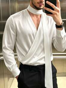 Manfinity Dauomo 男士優雅休閒深V領長袖襯衫，附領結緞帶 - 白色 - 查看 5
