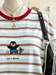 Lalippa Striped Digital Print Penguin Embroidered Fashion Minimalist Women's Plus Size Long Crew Neck Drop Shoulder T-Shirt, Gift For Friends - Multicolor - View 3