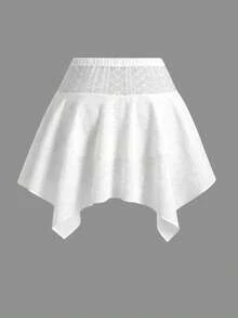Sweetra Plus Size Elastic Waist Front Drawstring Asymmetrical Hem Skort - White - View 2