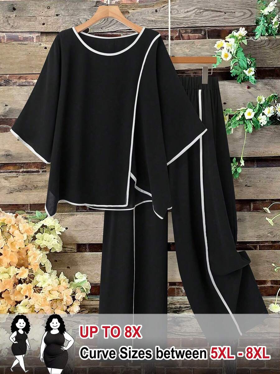 SHEIN CURVE+ 大码休闲宽松拼接饰边两件套，适合夏季 - 彩色 - 查看 1