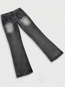 Manfinity Roghcode Men's American Vintage Niche Washed Horseshoe Denim Jeans Slim Fit Stretch Flared Leg Long Pants - Black - View 4