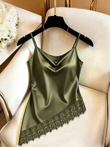 SHEIN 女款優雅對比蕾絲休閒緞面細肩帶背心上衣 - 橄欖綠 - 查看 4