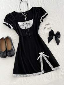 Elamini Robe courte d'été douce vintage noir & blanc contraste avec bordure en dentelle et nœud fendu - Noir - Voir 4