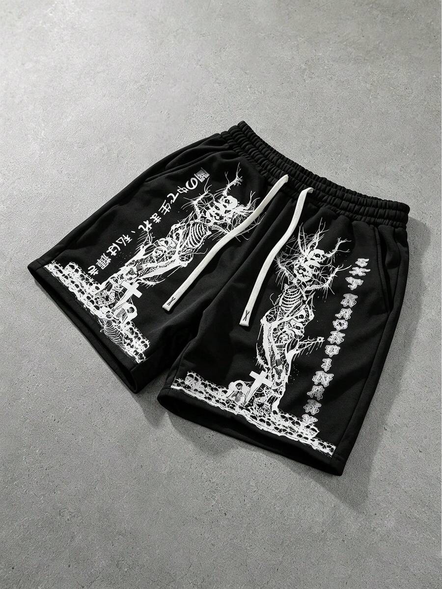 ROMWE MEN 男士骷髏印花寬鬆短褲 - 黑色 - 查看 1
