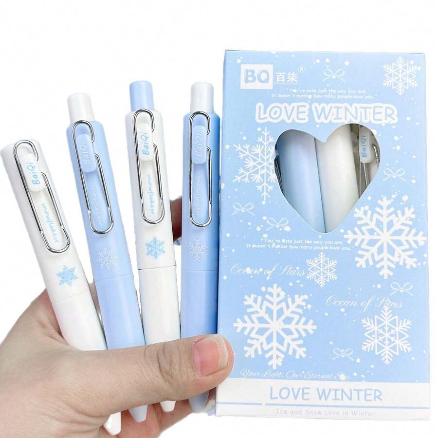 8pcs Ice & Winter Love Mini Pocket Pen, INS Style High Appearance, Portable Retractable Gel Pen, 0.5mm Black Ink For Students & Exams - multicolor - View 1