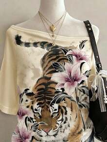 Lalippa Tiger Pattern Digital Print Fashion Minimalist Women's Round Neck T-Shirt, Gift For Friends - Multicolor - View 3