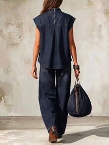 Balvessa Women's Stand Collar Back Zipper Design Loose Casual Denim Top - Blue - View 2