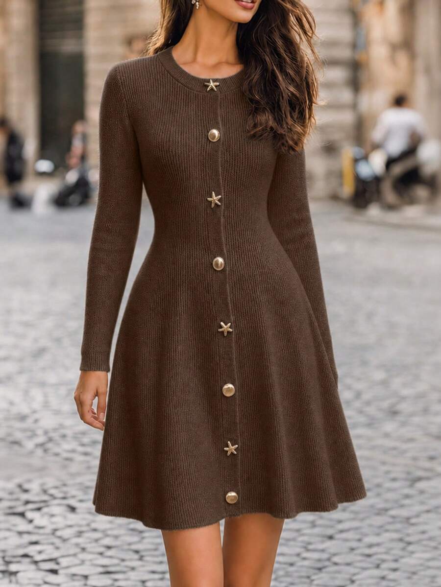 Franclia Women's Fashionable Elegant Versatile Long Sleeve Pullover Knit Dress, Unique & Exquisite, Suitable For Spring & Autumn - Camel - View 1