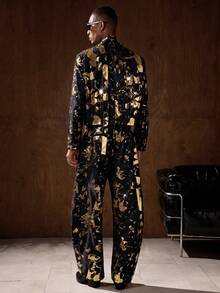 HIMLAND Men's Gold Foil Pattern Long Sleeve Jacket And Pants Suit Set - Black - View 2
