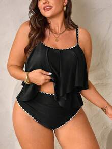 SHEIN Swim Curve 2 件加大码女式绿色吊带背心荷叶边上衣和高腰荷叶边下摆裤子套装，夏季海滩度假装 - 黑色 - 查看 1