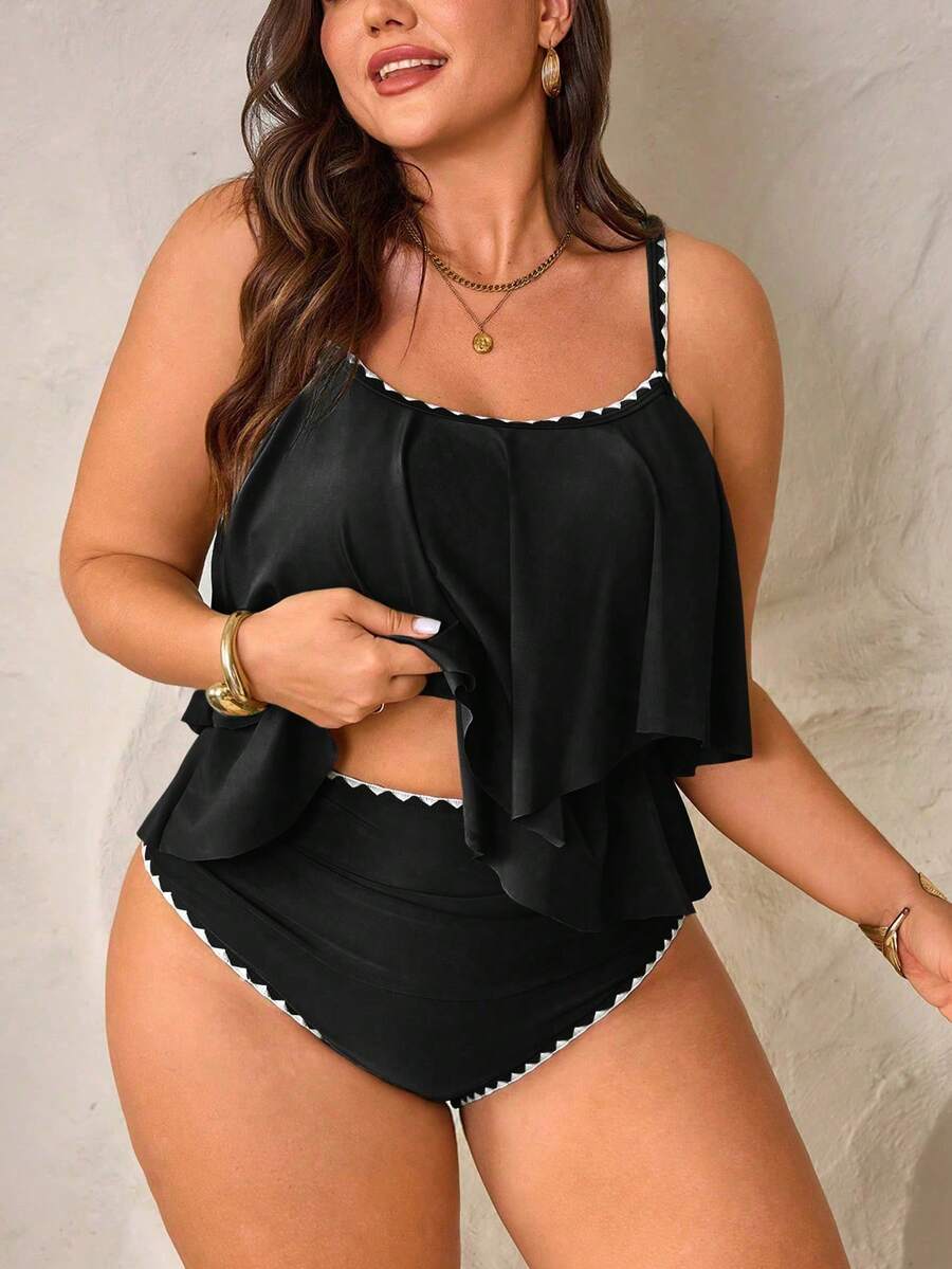 SHEIN Swim Curve 2 件加大码女式绿色吊带背心荷叶边上衣和高腰荷叶边下摆裤子套装,夏季海滩度假装 - 黑色 - 查看 1