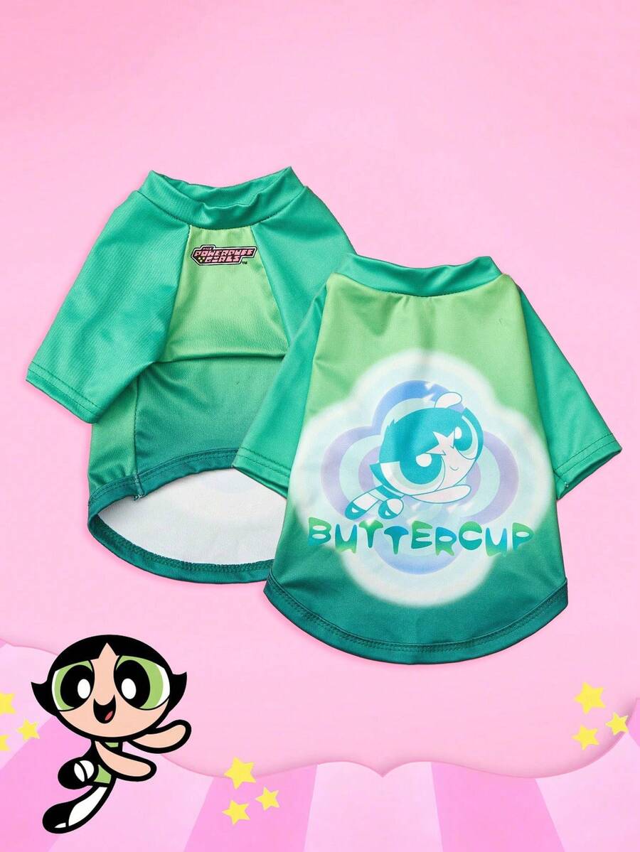 THE POWERPUFF GIRLS X PETSIN 1件酷大眼女孩字母印花渲染綠色寵物T恤,運動分體風格,親膚透氣,適合室內遊戲或戶外活動跑步 - 彩色 - 查看 1