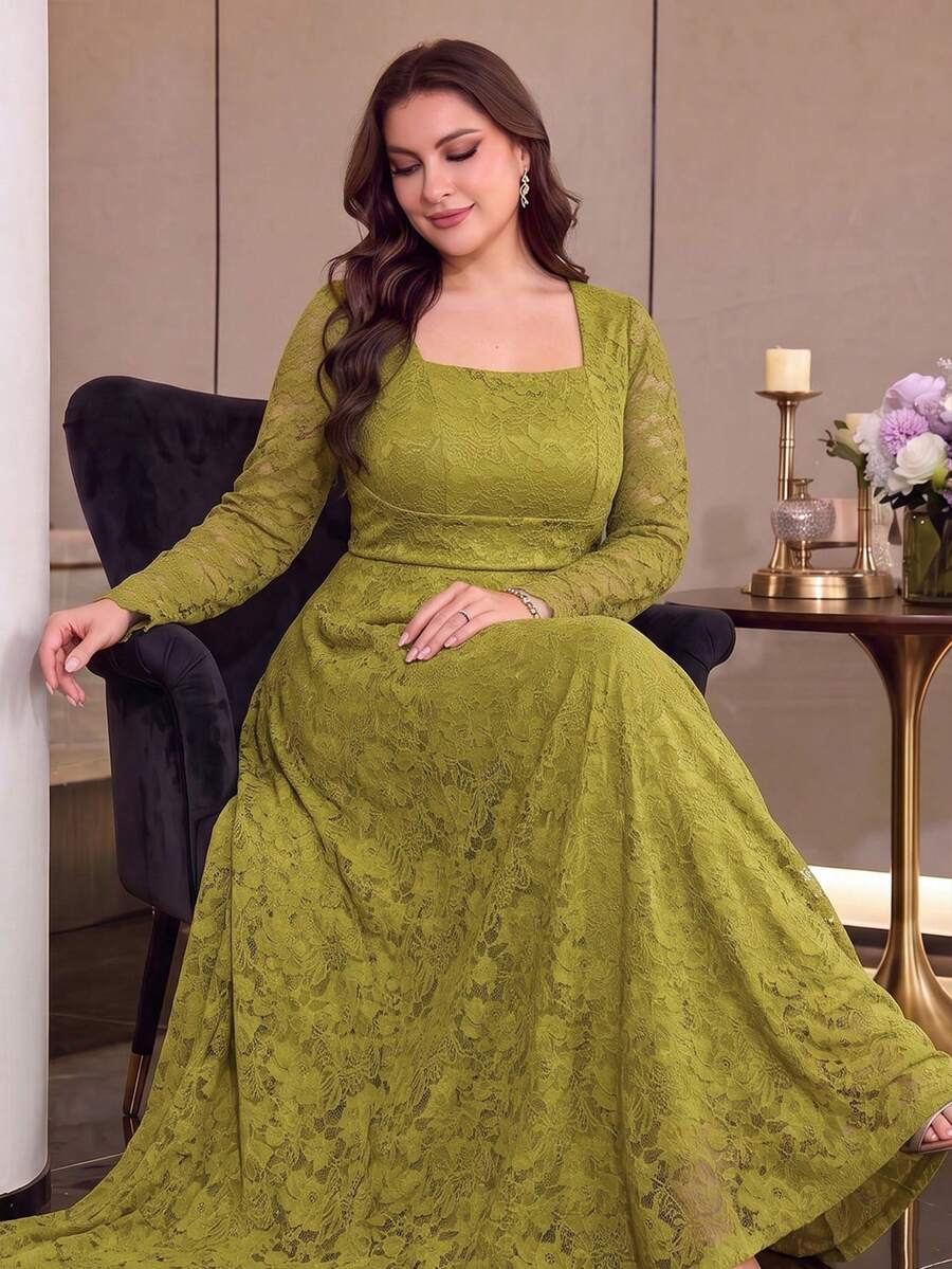 Modelyn 大尺碼女款時尚極簡優雅蕾絲收腰顯瘦喇叭裙 - 橄欖綠 - 查看 1