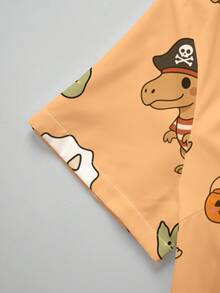 PopScrub Halloween Theme Warm Orange Cartoon Dinosaur & Pumpkin Print Women's Nurse Scrub Top, Spring/Summer Fashion V-Neck Short Sleeve Double Pocket Side Slit Workwear, Cute Surgical Scrub Top For Women, Scrub Top - Multicolor - View 3