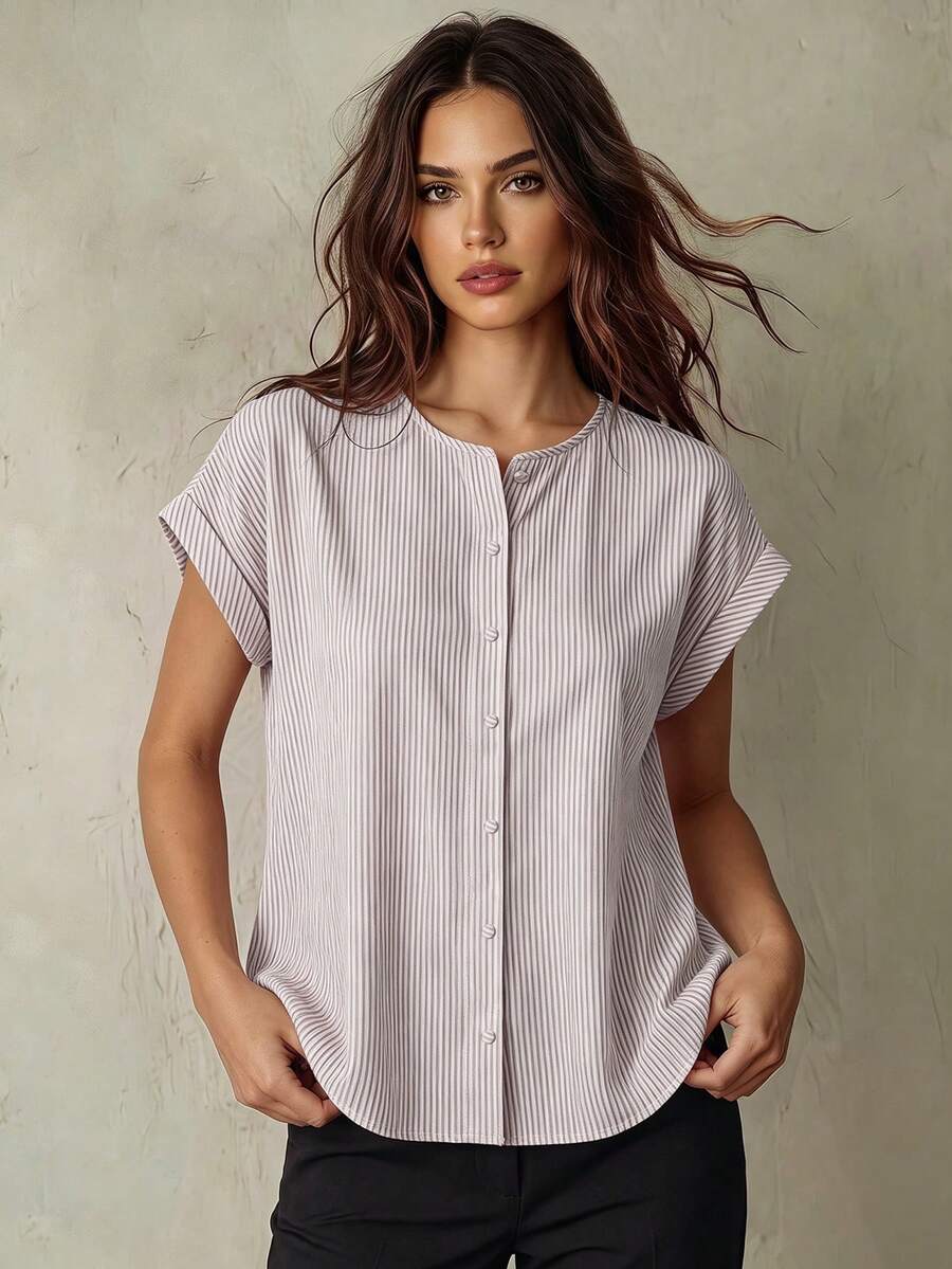 SHEIN Franclia 女士条纹翻领纽扣衬衫 - 彩色 - 查看 1