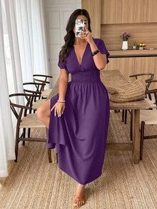 Weeklong Vestido de moda con cintura ceñida, mangas cortas fruncidas y abertura en el bajo, en unicolor, talla grande - Morado - Ver 3