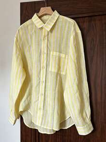 Franclia Women's Loose Casual Cotton Blend Yellow & White Striped Shirt - Multicolor - View 4
