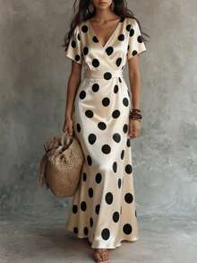 SHEIN Franclia Cross V-Neck Ruffle A-Line Elegant Polka Dot Dress For Women - Apricot - View 1