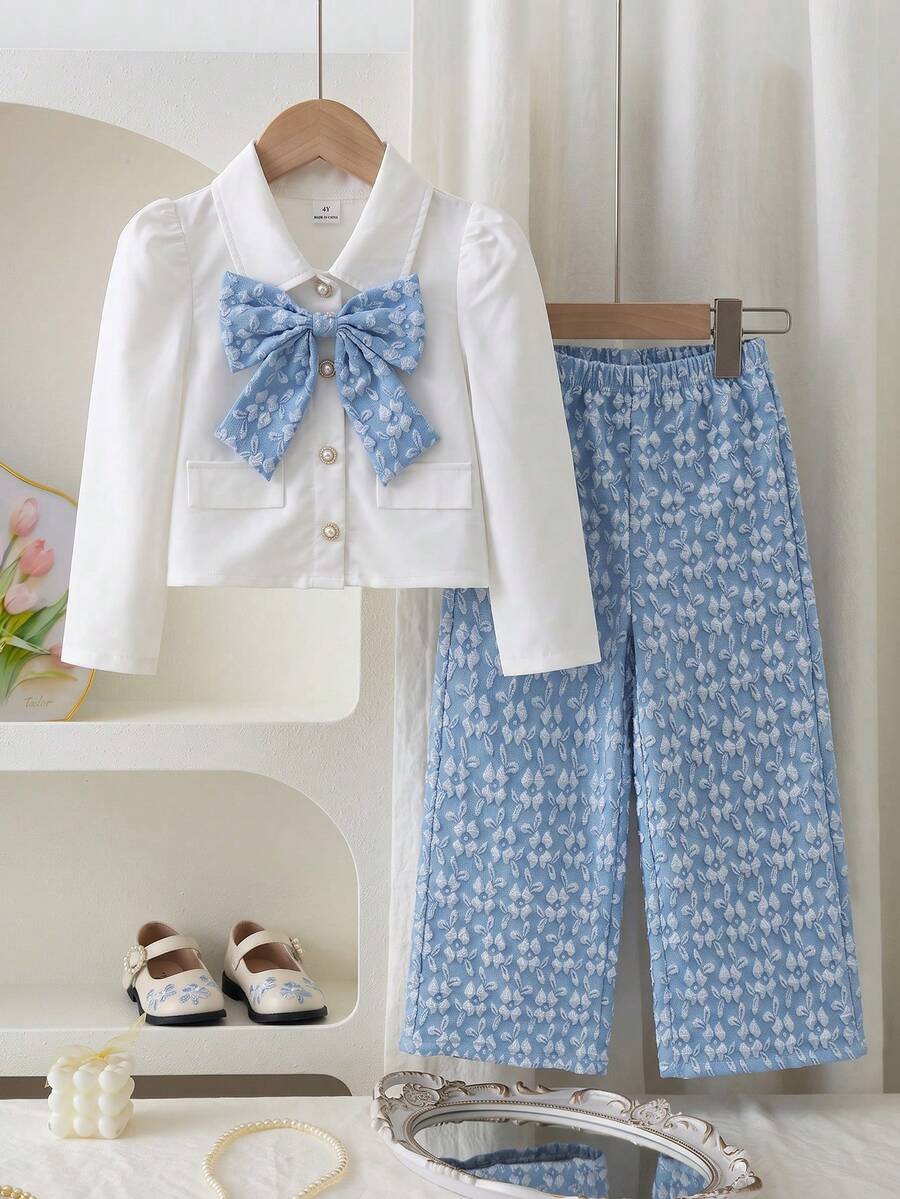 SHEIN Elladie kids 幼女幼童秋冬優雅花卉提花大蝴蝶結翻領鈕扣襯衫外套與寬腿褲休閒2件套服裝套裝 - 藍色 - 查看 1