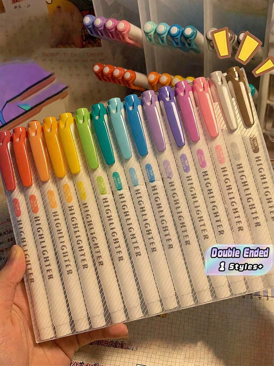 15Pcs Dual Tip Highlighters Set, Mild Color Fluorescent Markers, Double Ended Broad & Fine Tips, Ideal For Coloring & Underlining, Back To School - multicolor - View 1