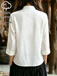 SHEIN Blus Pendek Gaya Cina Retro Minimalis Longgar Sehari-hari, Terbuat dari Kain Putih Murni Bertekstur, Kerah Tegak, Penutup Kancing Depan, 5 Kancing Gaya Cina, Kancing Katak Satu Karakter, Manset Lipat 3/4. - Putih - View 2