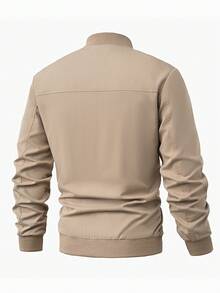 Manfinity Homme Men's Khaki Long Sleeve Zipper Minimalist Patch Solid Color Fashion Plus Size Jacket - Khaki - View 2