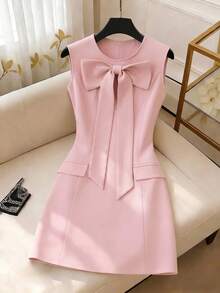 SHEIN Franclia 纯色圆领修身前蝴蝶结无袖女式连衣裙 - 粉色 - 查看 3
