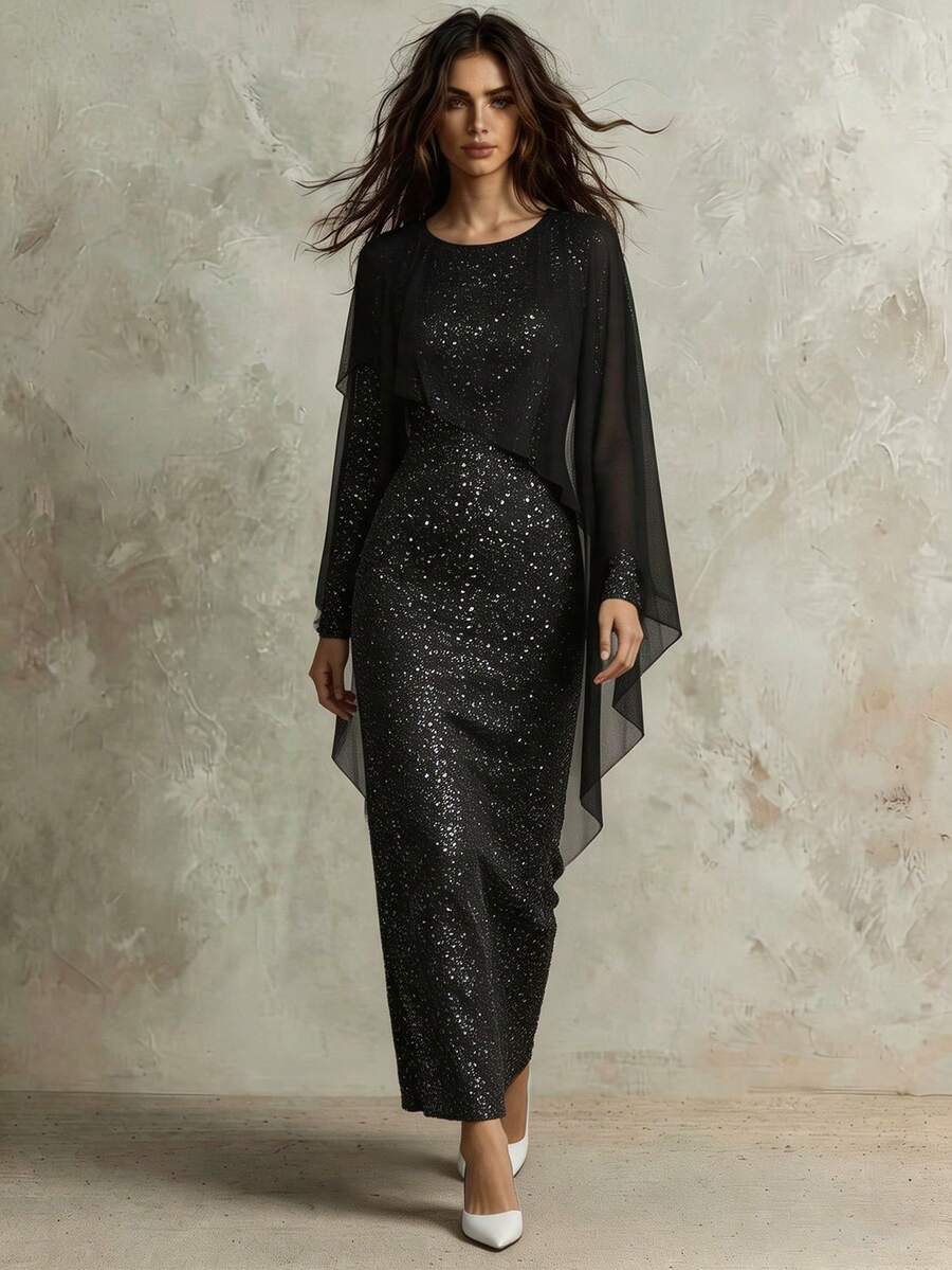 SHEIN Franclia Women's Round Neck Shiny Mesh Shawl Design Elegant Luxurious Maxi Party Dress - Multicolor - View 1