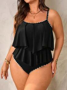 SHEIN Swim Curve 2 件加大码女式绿色吊带背心荷叶边上衣和高腰荷叶边下摆裤子套装，夏季海滩度假装 - 黑色 - 查看 3