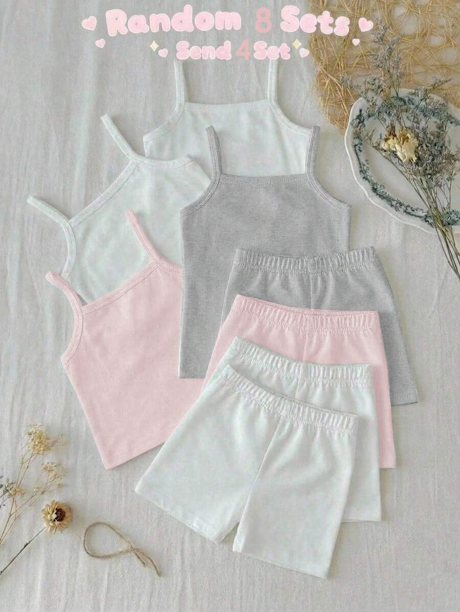 SHEIN 女童春夏季純色細肩帶上衣與短褲兩件套,多色細肩帶與內搭褲內衣套裝 - 彩色 - 查看 1