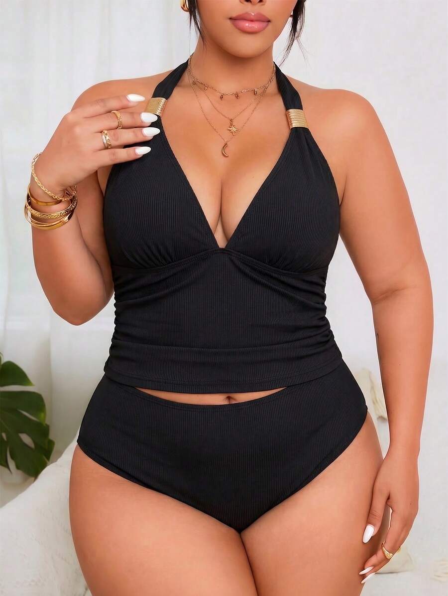 Swim Lushoire مجموعة بيكيني نسائية مقاس كبير من قطعتين بطبعة نمر وطباعة رقمية، بياقة V عميقة وربطة عنق، مثيرة للشاطئ وحمام السباحة - الأسود - مشاهدة 1