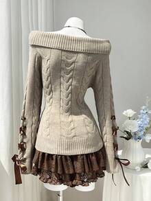Elamini Autumn/Winter Cable Knit Pullover Sweater, Solid Color Square Neck Bow Design Women's Top, Maillard Style College Sweater - Khaki - View 2