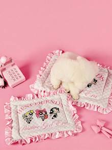 THE POWERPUFF GIRLS X PETSIN 1pc Pink Big Eyed Girl Good Friend Pink Checkered Letter Printed Pet Bed Soft And Comfortable Anti Slip Ruffled Edge Pet Bed - Multicolor - View 5
